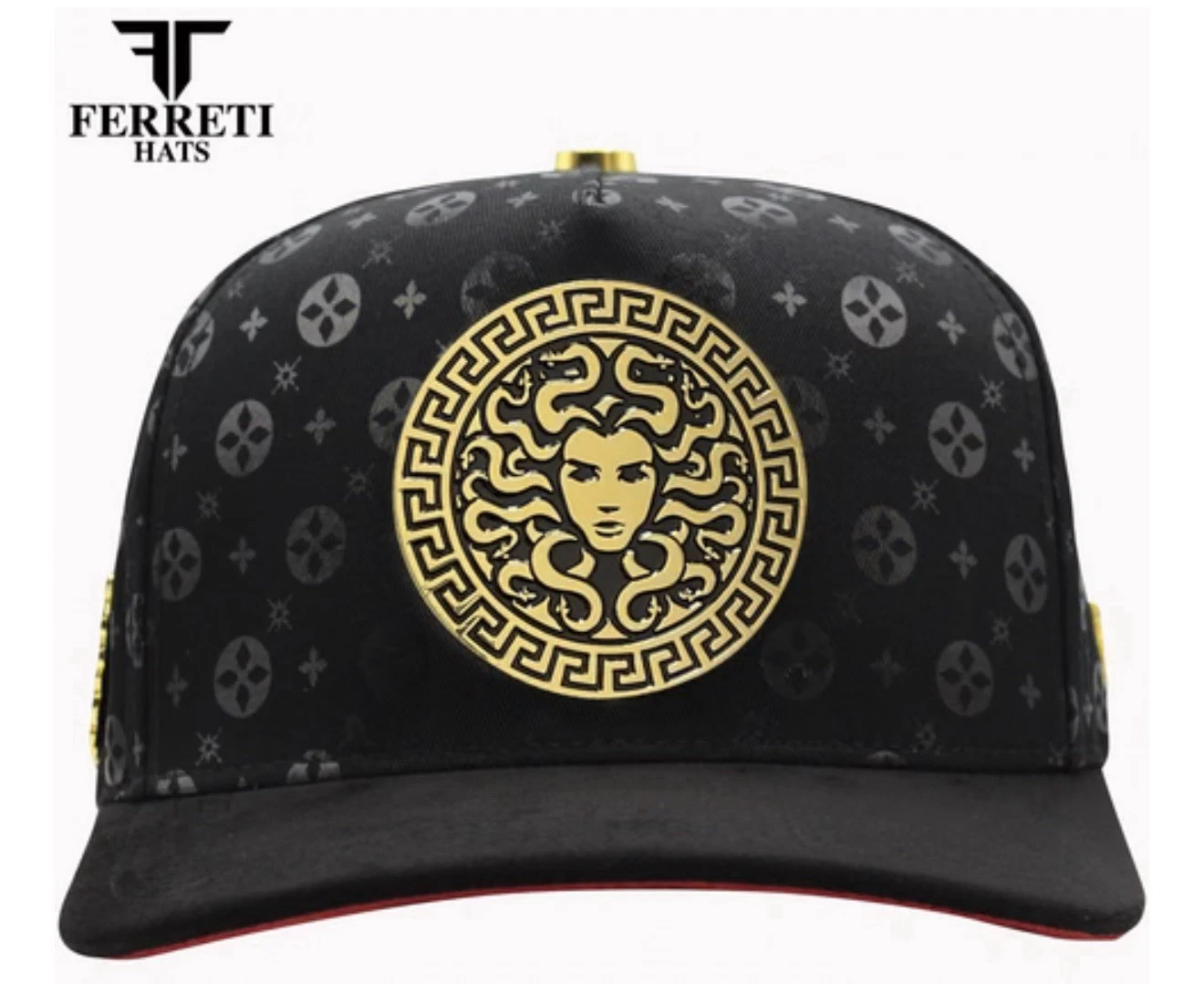 Ferreti Hats Snapback Adjustable Hat Black Medusa Metal Pin Men One Size